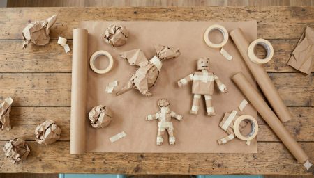 Top-down view of a dragon, robot, and human figures crafted from brown paper and masking tape on a wooden table.