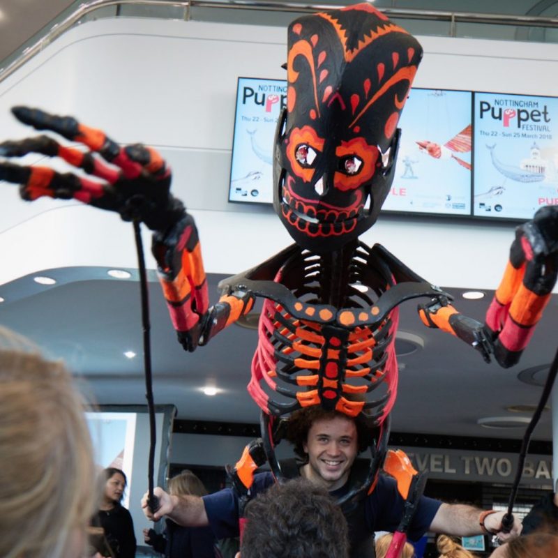 A giant skeleton puppet part of the Nottingham Puppet Festival launch