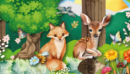 Watercolor illustration of a fox, fawn, and hedgehog in a lush, blooming summer forest.