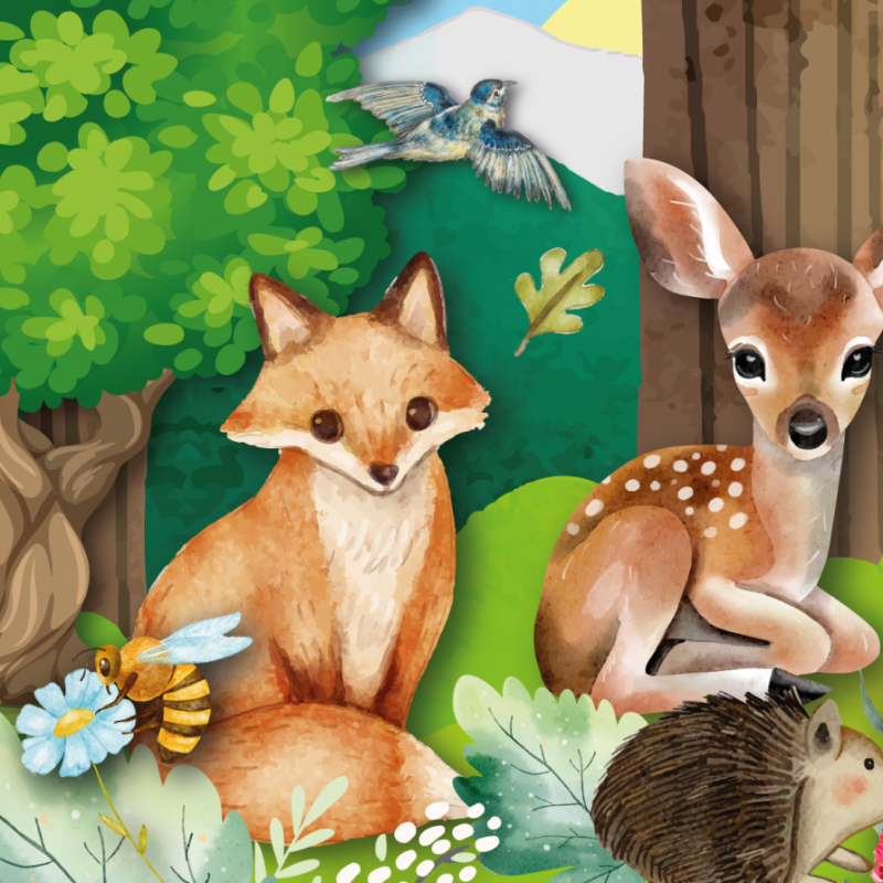 Watercolor illustration of a fox, fawn, and hedgehog in a lush, blooming summer forest.