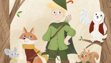 A whimsical illustration of a young Robin Hood standing in a forest with a mouse, fox, squirrel, and owl.