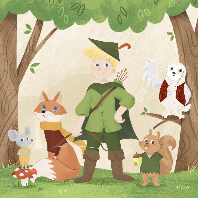 A whimsical illustration of a young Robin Hood standing in a forest with a mouse, fox, squirrel, and owl.