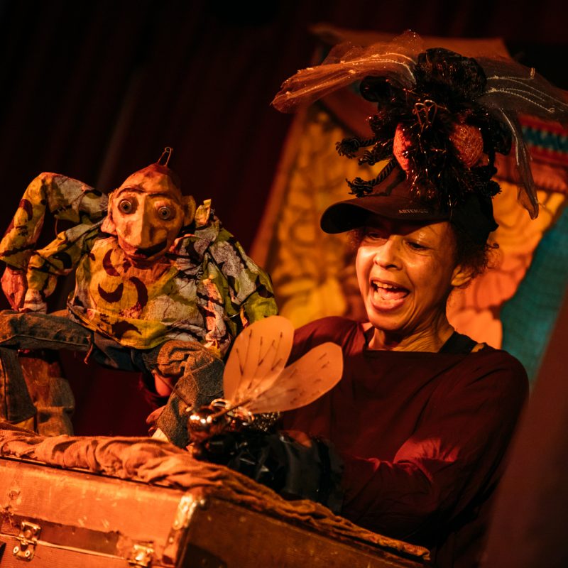 A puppeteer with an animated expression performs with a wide-eyed, spindly-limbed puppet over an open wooden trunk on a dimly lit stage.