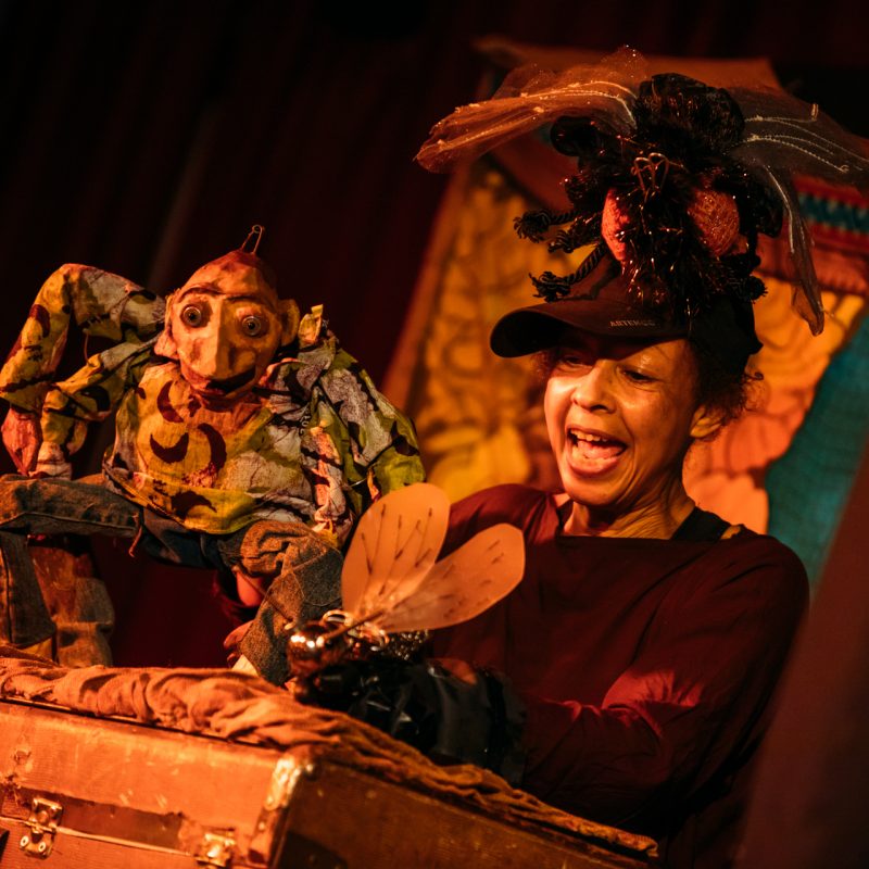 Puppeteer with two Anansi puppets